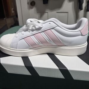 adidas White Sneakers with Light Pink Stripes